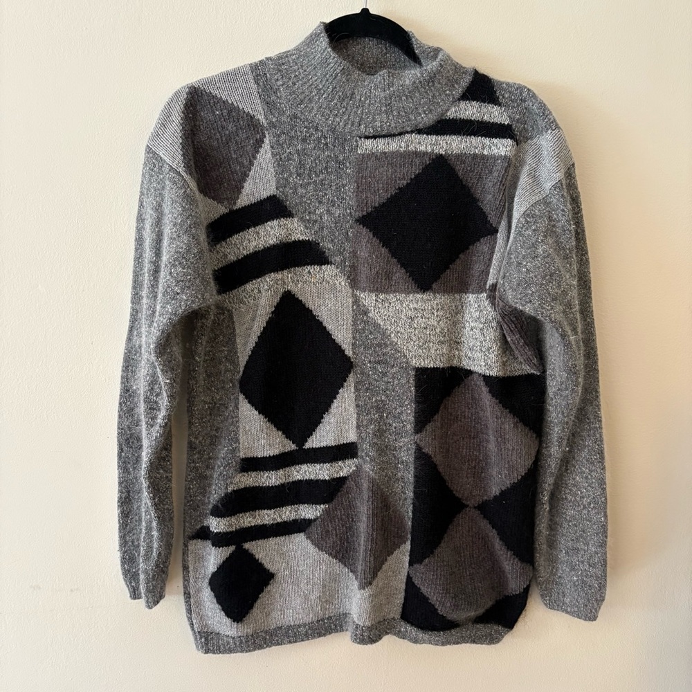 Vintage Fuzzy Geometric Knit Gray and Black Sweater (Angora Blend) Size M